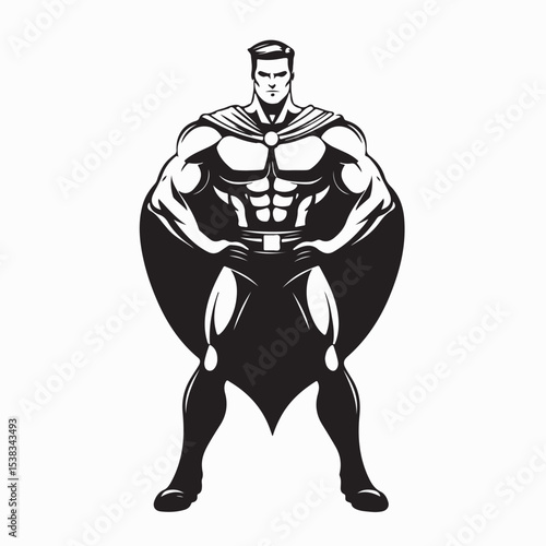 Character Strength Vector. Illustration Superhero In Strong Pose With Cape.