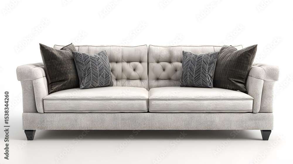 Fototapeta premium A light gray couch with decorative pillows against a white background.