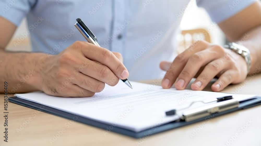 Close-up of businessman signing documents, representing commitment and professional agreements Close-up of businessman signing documents, representing commitment and professional agreements