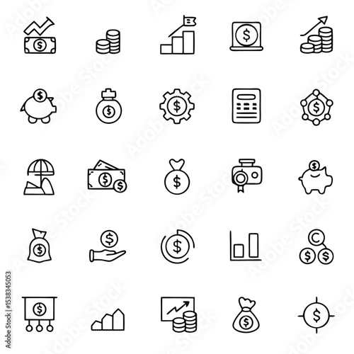 Outline icons represent financial assets, investment growth, monetary savings, and market analysis methods