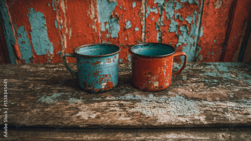 Obraz premium Rustic Soviet-era enamel mugs on aged wooden table with vibrant peeling paint
