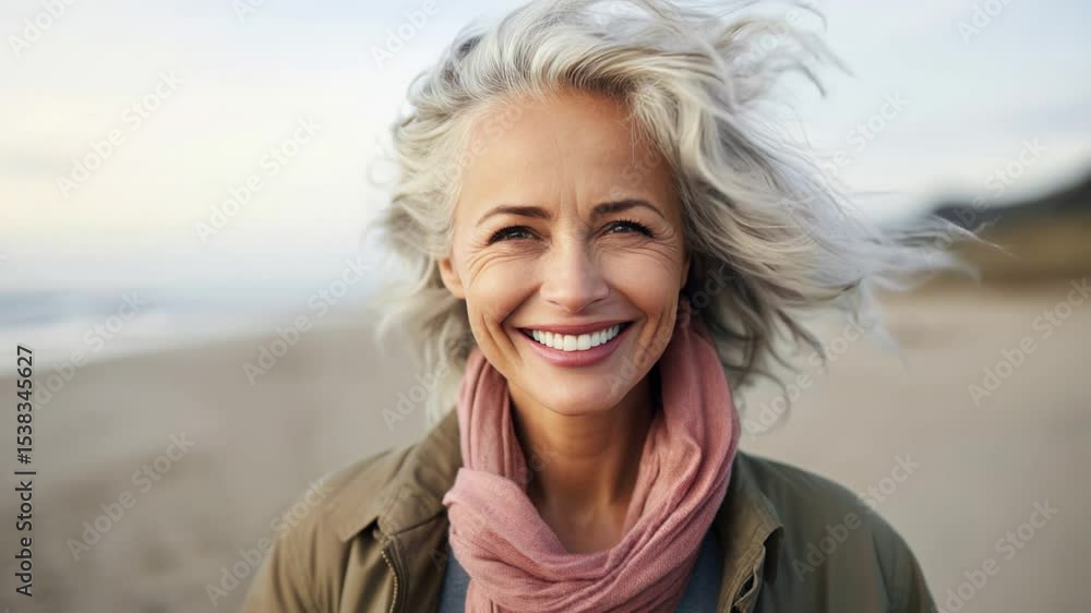 retired woman smiling happy portrait at the beach with windswept grey white hair retired woman smiling happy portrait at the beach with windswept grey white hair