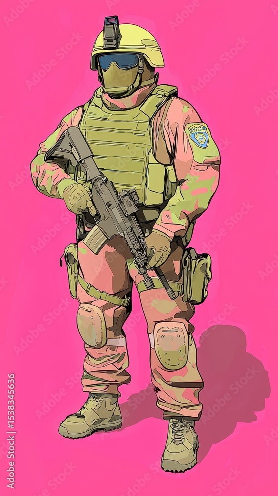Pixel Art Soldier in Tan and Pink Camouflage Uniform Holding Rifle on Pink Background Pixel Art Soldier in Tan and Pink Camouflage Uniform Holding Rifle on Pink Background