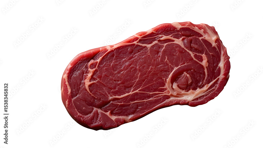 Fototapeta premium Close up shot of a raw ribeye steak with visible marbling on a white background in a studio setting