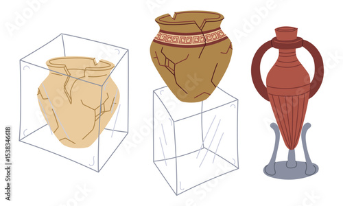 Antique wine jug on stand, Greek-style jug on glass cube, jug under glass museum exhibits. Archaeological find. Flat color illustration. scientific projects, encyclopedias, museum exhibitions, history
