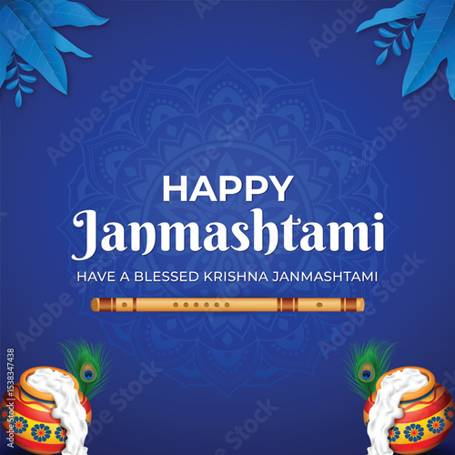 Happy Janmashtami religious Indian festival greeting card, template banner and poster, vector illustration