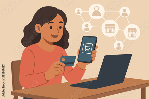 Woman shopping online using smartphone and credit card. E-commerce and mobile payment concept. Happy customer making a purchase on a digital marketplace. Online store network.