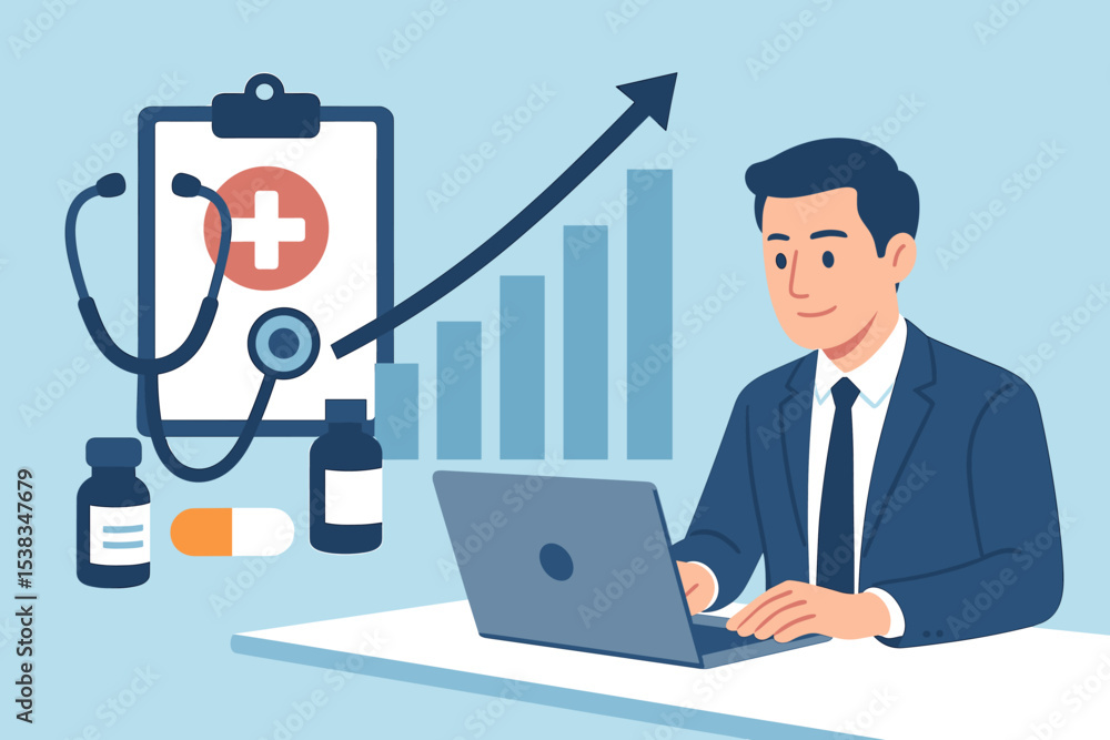 Healthcare business analysis with businessman at laptop. Medical data management and financial growth graph. Concept for health industry investment, strategy, research and success. Healthcare business analysis with businessman at laptop. Medical data management and financial growth graph. Concept for health industry investment, strategy, research and success.