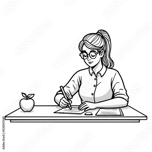 Woman Writing at Desk Illustration: Teacher with Apple, Glasses, and Ponytail - Black and White Line Art for Education Resources