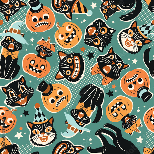 Seamless vector pattern with retro Halloween characters. Hand drawn spooky black cat and Halloween pumpkin illustration. EPS 10 vector file. Perfect for textile, wallpaper or nursery print design.