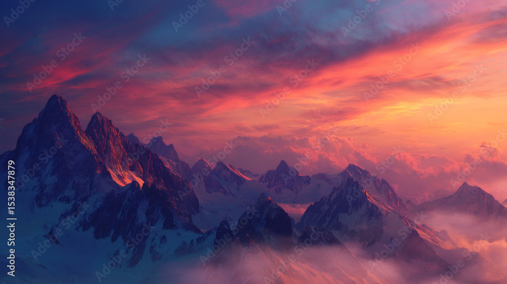 Majestic mountain range at sunset with vibrant sky hues and misty valleys Majestic mountain range at sunset with vibrant sky hues and misty valleys