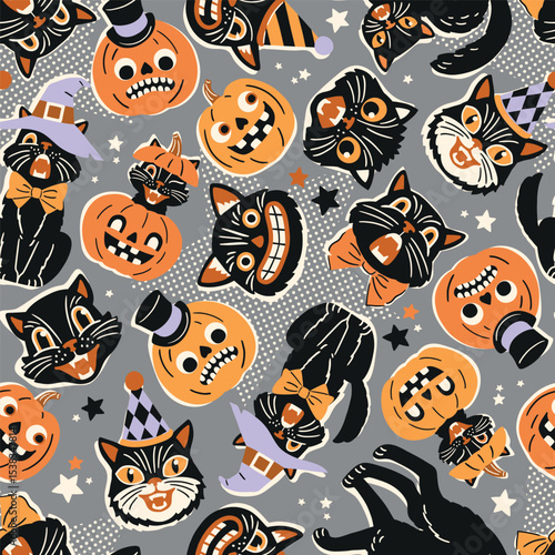 Seamless vector pattern with retro Halloween characters. Hand drawn spooky black cat and Halloween pumpkin illustration. EPS 10 vector file. Perfect for textile, wallpaper or nursery print design.