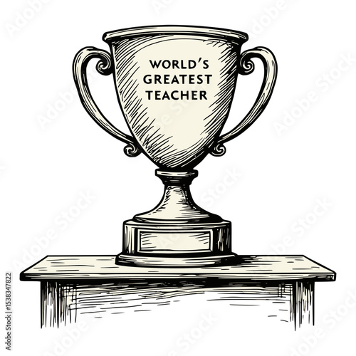 World's Greatest Teacher Trophy Illustration: Hand-Drawn Sketch of Award for Educators, Teacher Appreciation Gift, Vector Graphic Image