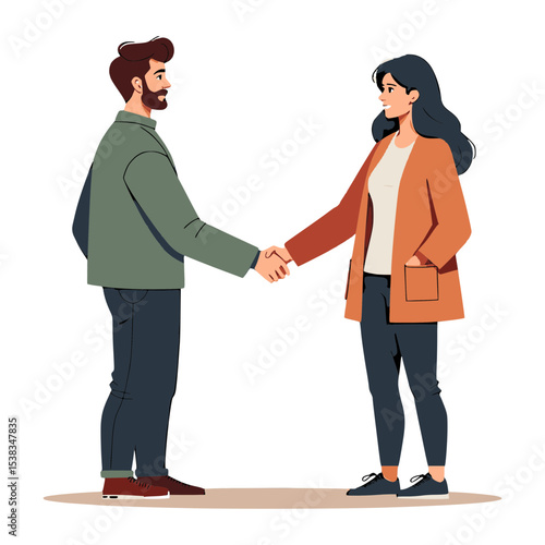 Business Handshake Illustration: Man and Woman Meeting, Agreement, Partnership, Flat Vector Art, Professional Interaction
