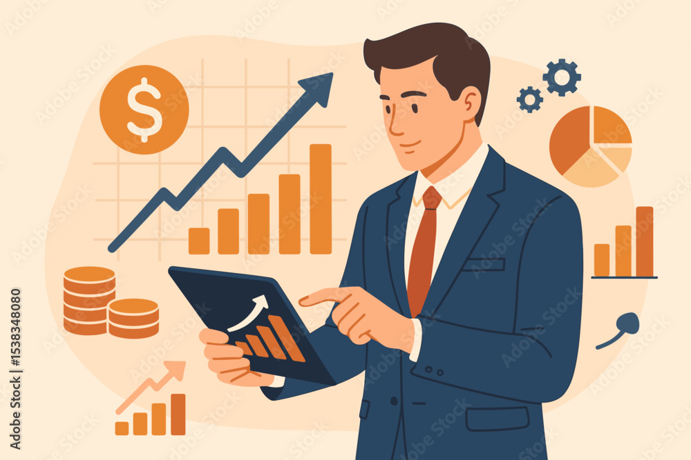 Businessman analyzing financial data on tablet. Sales growth and investment concept. Man with chart and graph. Business success, profit increase, stock market report illustration. Businessman analyzing financial data on tablet. Sales growth and investment concept. Man with chart and graph. Business success, profit increase, stock market report illustration.