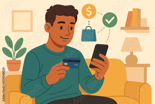 Happy man on sofa making online payment with credit card and phone. Mobile banking, e-commerce, shopping from home concept. Secure digital transaction, financial technology.