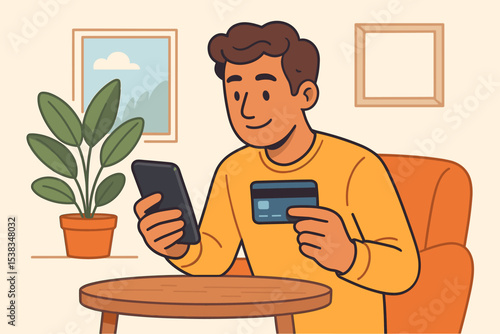 Man using smartphone for online shopping and mobile banking at home. Happy character making a payment with a credit card via a mobile app. E-commerce and fintech concept vector.