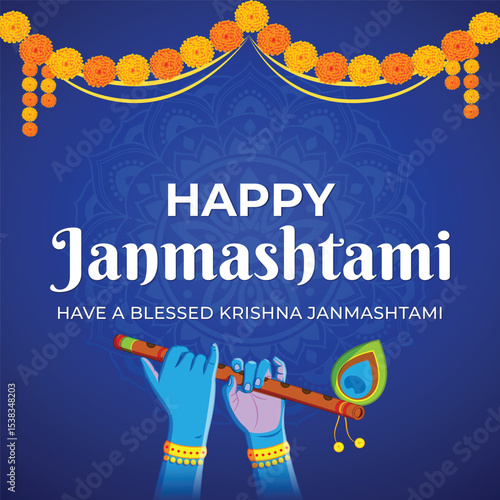 Happy Janmashtami religious Indian festival greeting card, template banner and poster, vector illustration