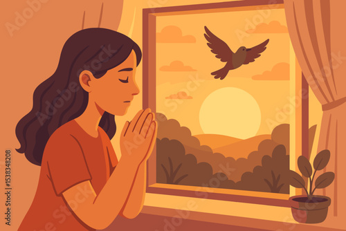Woman praying at window during sunset or sunrise. Concept of hope, faith, spirituality, and serenity. Girl showing gratitude. Bird symbolizes freedom and peace. Calm illustration.