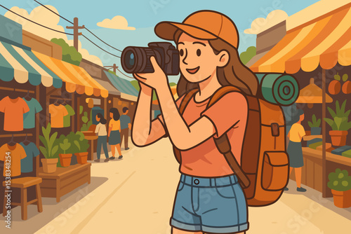 Woman backpacker travel photographer. Tourist exploring Asian street market in Bangkok. Happy girl taking photo with camera. Summer vacation adventure in Thailand concept vector.