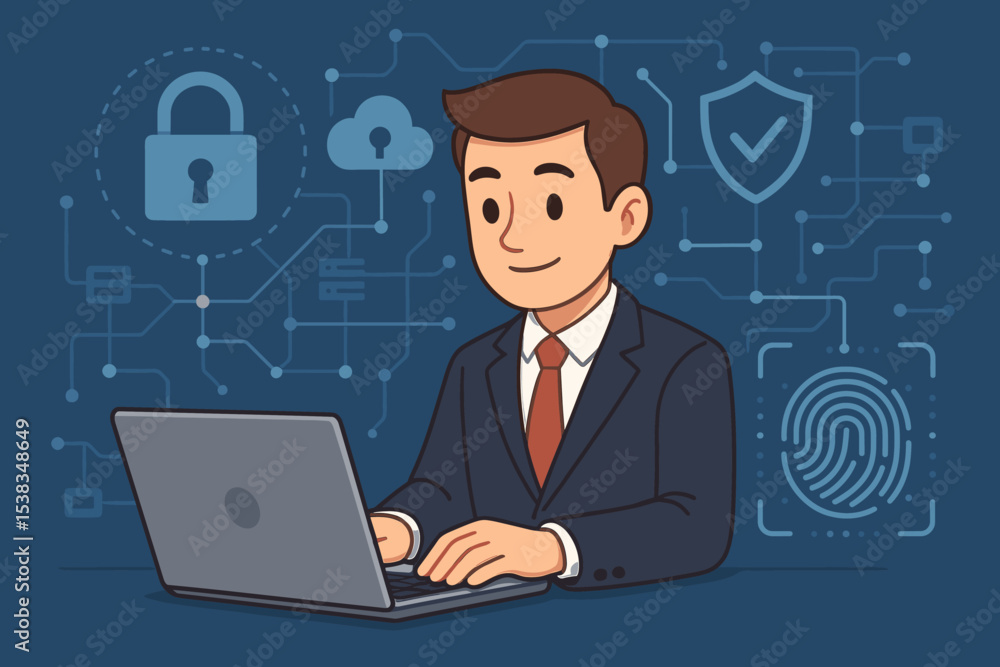 Cybersecurity and data protection vector illustration. Businessman working on laptop. Concept for secure digital business, network security, cloud computing, and privacy. Cybersecurity and data protection vector illustration. Businessman working on laptop. Concept for secure digital business, network security, cloud computing, and privacy.
