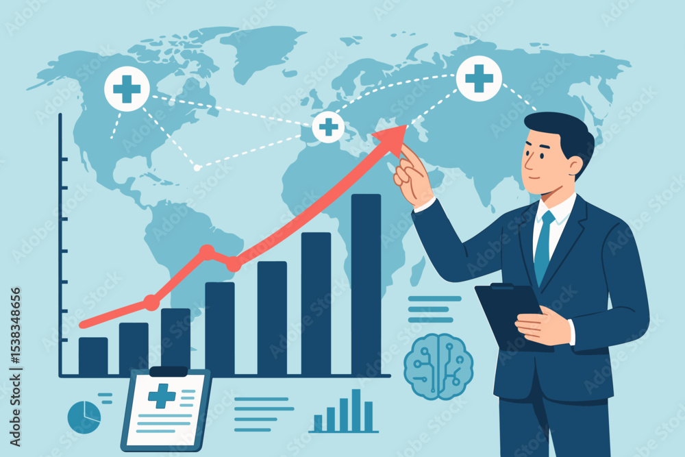 Healthcare business growth concept with a businessman analyzing a rising graph. Global medical market analysis, financial success, and pharmaceutical industry strategy. Vector. Healthcare business growth concept with a businessman analyzing a rising graph. Global medical market analysis, financial success, and pharmaceutical industry strategy. Vector.