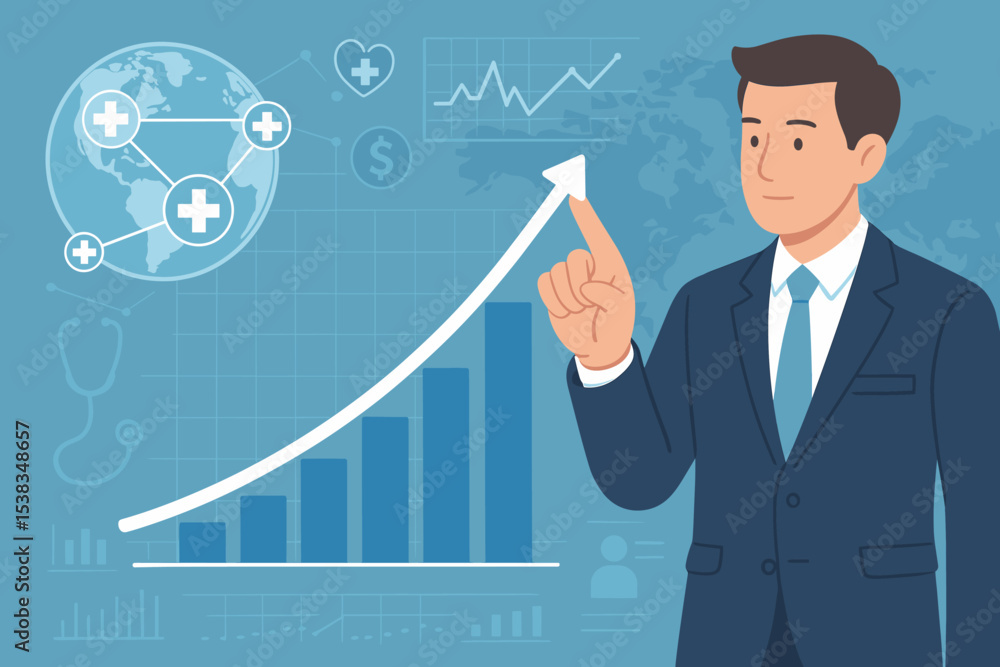 Healthcare business growth concept. Businessman pointing at growing graph chart. Medical industry development, financial investment strategy, global market success, and data analysis. Healthcare business growth concept. Businessman pointing at growing graph chart. Medical industry development, financial investment strategy, global market success, and data analysis.