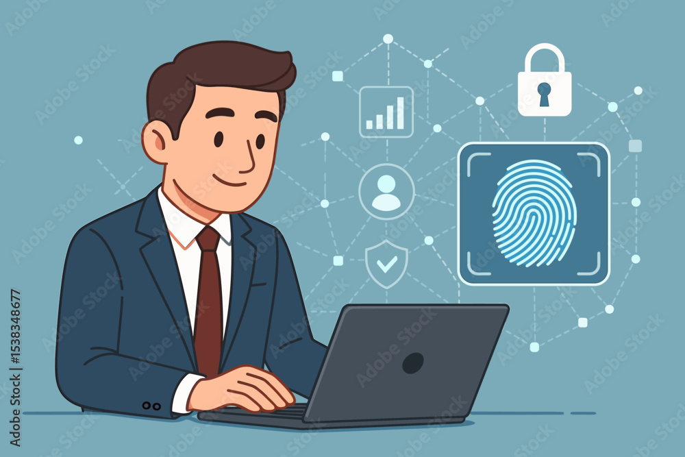Businessman using laptop with fingerprint scan for cybersecurity. Biometric authentication for data protection, network security, and digital identity verification. Access concept. Businessman using laptop with fingerprint scan for cybersecurity. Biometric authentication for data protection, network security, and digital identity verification. Access concept.