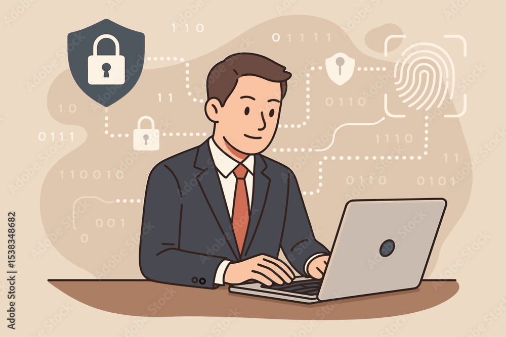 Cybersecurity and data protection concept. Businessman on laptop with security icons. Digital business safety, network privacy, secure access, fingerprint authentication vector. Cybersecurity and data protection concept. Businessman on laptop with security icons. Digital business safety, network privacy, secure access, fingerprint authentication vector.