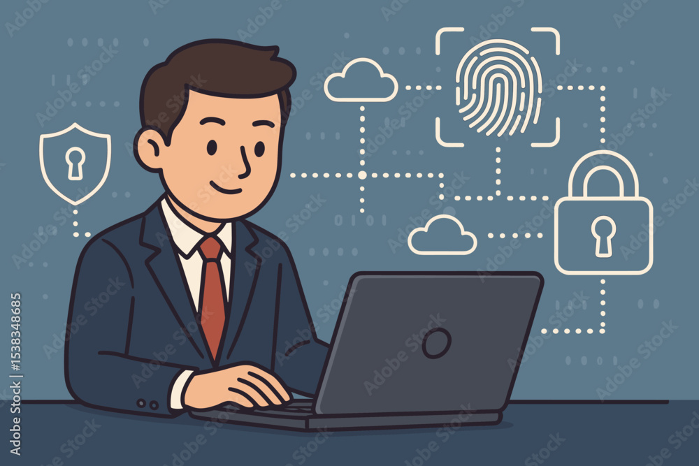 Cybersecurity concept with businessman using laptop. Secure digital business vector illustration with data protection, privacy shield, fingerprint lock, and cloud technology. Cybersecurity concept with businessman using laptop. Secure digital business vector illustration with data protection, privacy shield, fingerprint lock, and cloud technology.