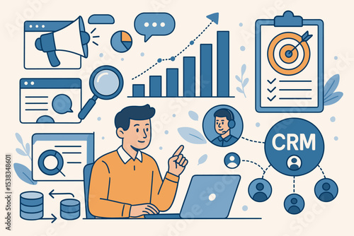 CRM system concept. Customer relationship management and data analysis for business growth. Digital marketing strategy with audience targeting, database management and analytics.