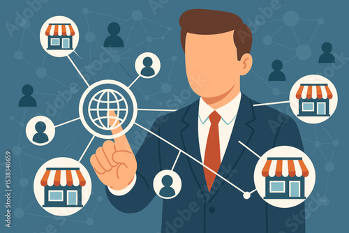 Businessman managing a global franchise business. Concept for retail expansion, store network, supply chain management, distribution strategy, and customer connection. Vector illustration.
