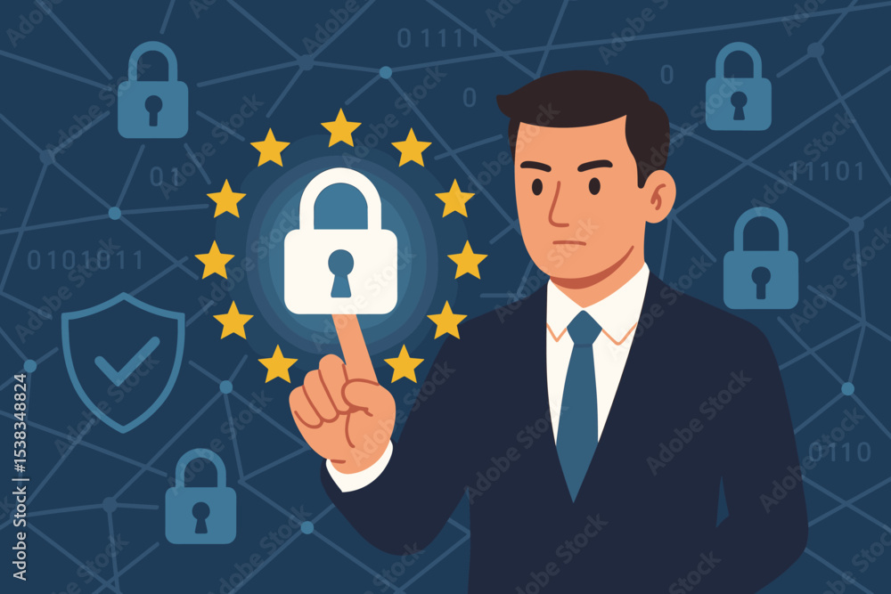 GDPR General Data Protection Regulation concept with a businessman touching a lock icon. European Union privacy law for online data. Cybersecurity and internet information security. GDPR General Data Protection Regulation concept with a businessman touching a lock icon. European Union privacy law for online data. Cybersecurity and internet information security.