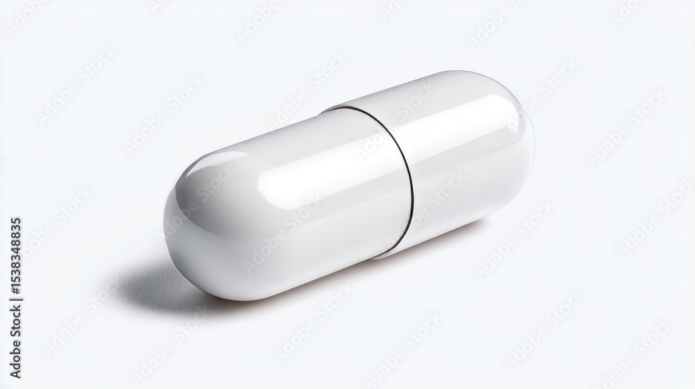 White pharmaceutical pill capsule on a clean minimalist background White pharmaceutical pill capsule on a clean minimalist background
