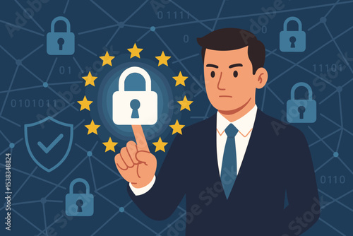 GDPR General Data Protection Regulation concept with a businessman touching a lock icon. European Union privacy law for online data. Cybersecurity and internet information security.