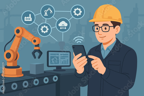 Smart factory automation concept. Industry 4.0 technology with engineer controlling robotic arm via smartphone. IoT in manufacturing, production line with conveyor and cloud data.