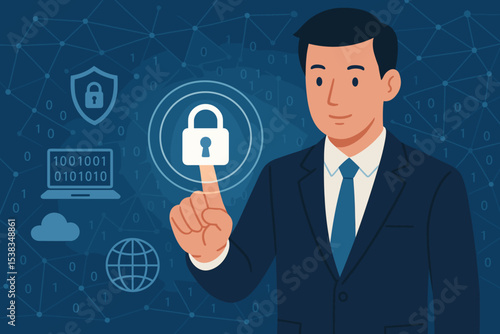 Cybersecurity concept with businessman touching digital lock. Data protection, privacy, and internet security illustration. Network technology with binary code and cloud computing.