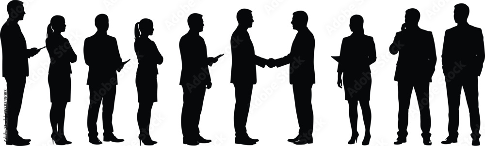 Silhouettes of business people, handshake, discussion, standing group, teamwork, corporate concept, office workers, communication, partnership deal, vector illustration Silhouettes of business people, handshake, discussion, standing group, teamwork, corporate concept, office workers, communication, partnership deal, vector illustration