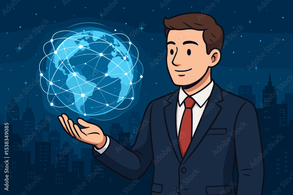 Businessman holding a glowing earth hologram with network connections. Global business technology, connectivity, and communication concept. Future of internet, data, and globalization. Businessman holding a glowing earth hologram with network connections. Global business technology, connectivity, and communication concept. Future of internet, data, and globalization.