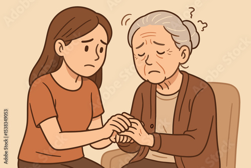 Caring daughter consoling her sad senior mother. Illustration of family support, elderly care, empathy, compassion, and helping a parent with depression, loneliness or dementia.