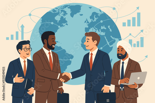 Global business collaboration and international partnership concept. Diverse multicultural businessmen shaking hands on a world map background. Corporate agreement, teamwork and growth.