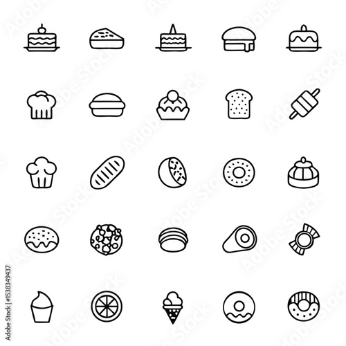 Outlined dessert icons like cake, pastry, and sweets display culinary treats neatly arranged on white