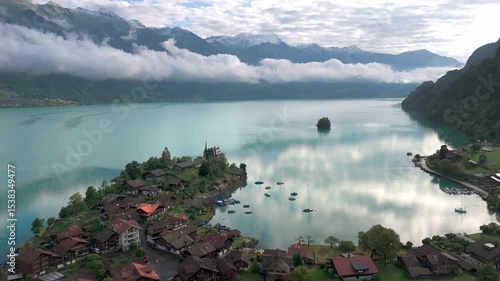 Iseltwald town on Lake Brienz in Swiss Alps mountains, Switzerland