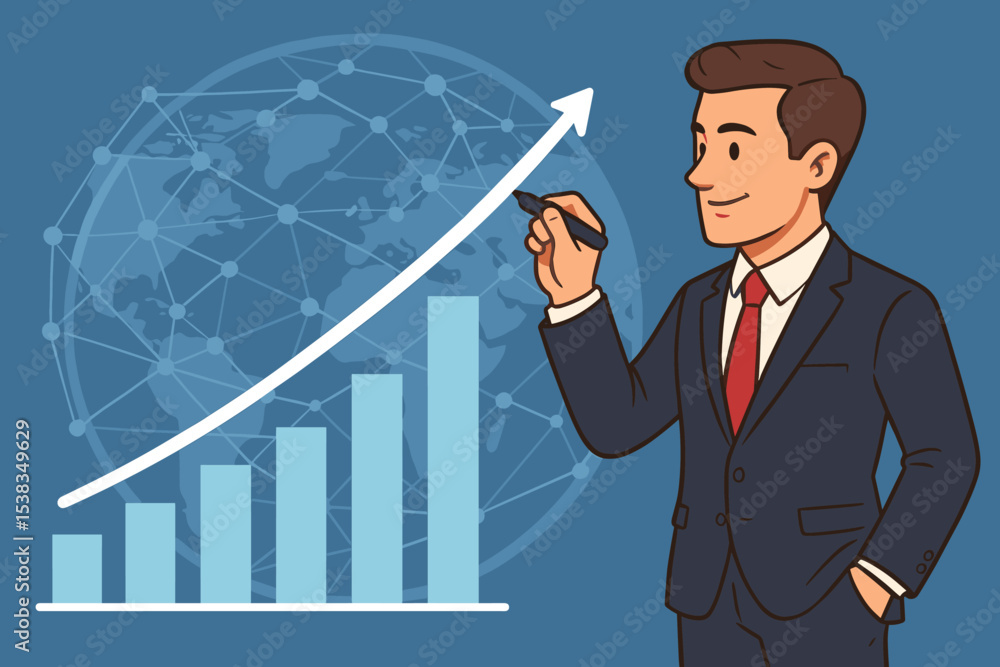 Businessman drawing an upward arrow on a rising bar chart. Global business growth and success concept. Financial strategy, economic development and market analysis presentation. Businessman drawing an upward arrow on a rising bar chart. Global business growth and success concept. Financial strategy, economic development and market analysis presentation.