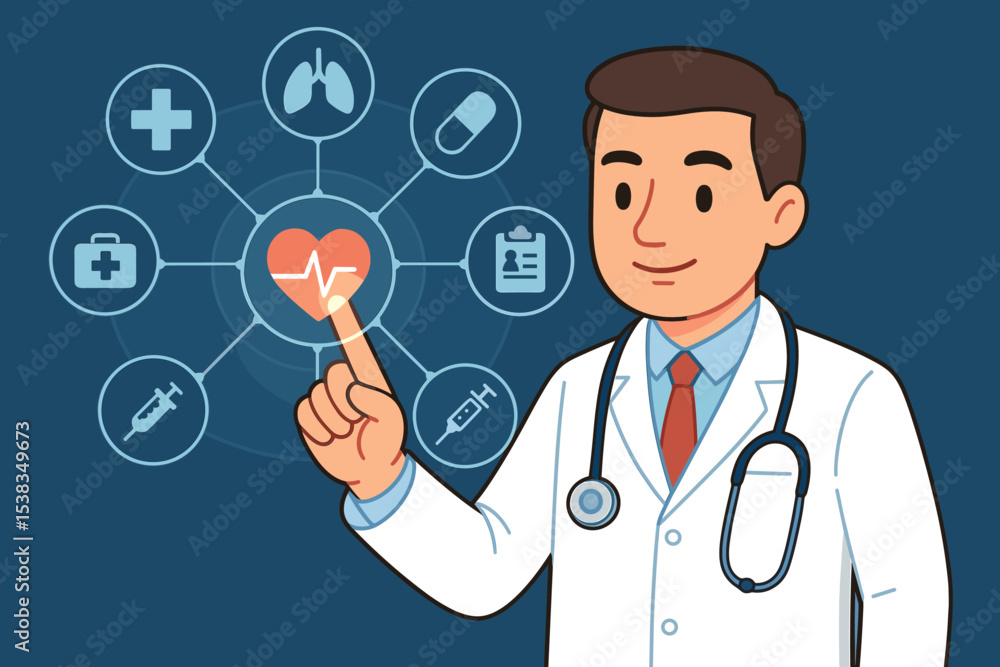 Cardiologist touching heart icon on a futuristic medical interface. Concept for cardiology, digital health, and modern telemedicine. Healthcare innovation with a network of medical symbols. Cardiologist touching heart icon on a futuristic medical interface. Concept for cardiology, digital health, and modern telemedicine. Healthcare innovation with a network of medical symbols.