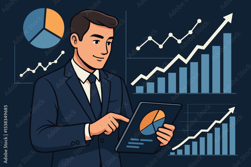 Businessman using a tablet for financial data analysis. Professional manager reviewing corporate report with charts and graphs. Investment strategy, stock market growth, success concept. Businessman using a tablet for financial data analysis. Professional manager reviewing corporate report with charts and graphs. Investment strategy, stock market growth, success concept.