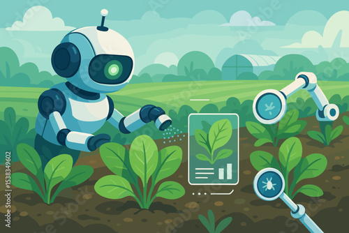 AI robot farmer in futuristic agriculture. Smart farming automation technology concept. Robotic arm scans plants, analyzes crop data, and controls pests for precision farming.