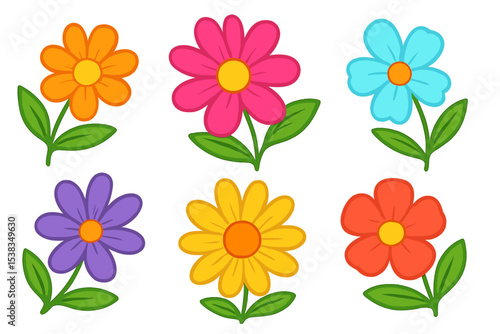 Set of colorful cartoon flowers. Collection of cute simple floral elements in flat vector style. Spring summer nature clip art pack for kids, stickers, and greeting cards.