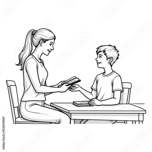 Black and White Illustration: Teacher Giving Book to Student at Desk. Educational Tutoring Concept. Learning and Teaching.