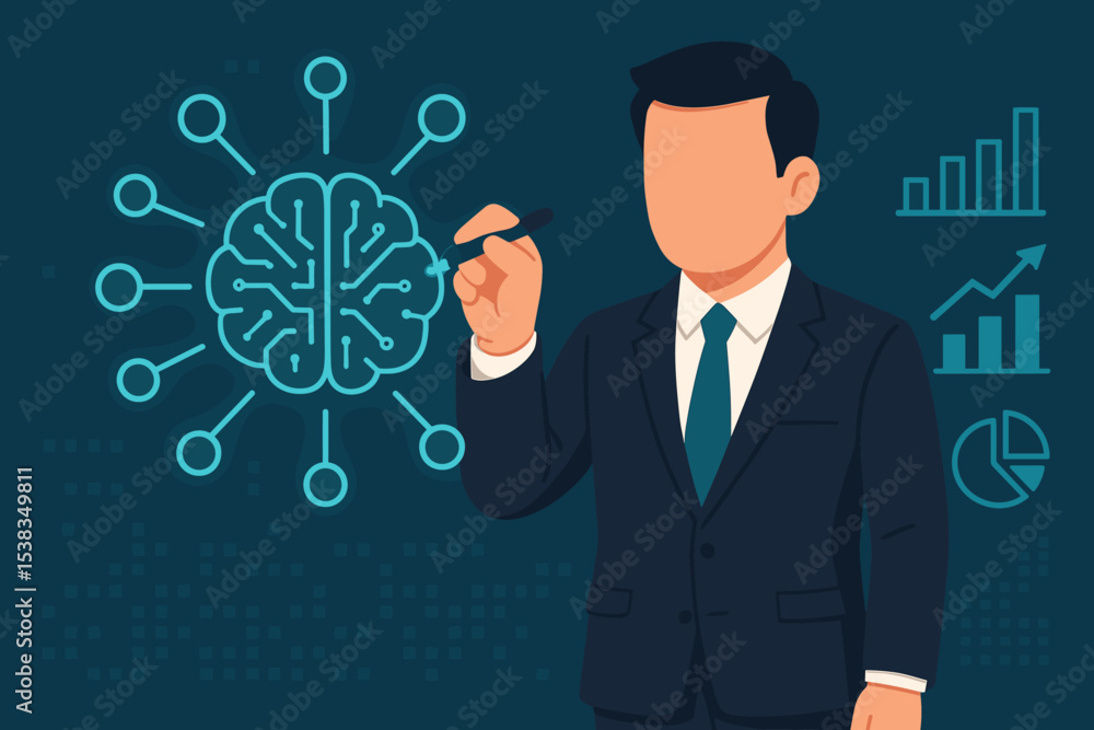 Artificial intelligence business concept. Businessman drawing a digital brain circuit. Machine learning, neural network for data analysis, strategy, innovation and business growth. Artificial intelligence business concept. Businessman drawing a digital brain circuit. Machine learning, neural network for data analysis, strategy, innovation and business growth.